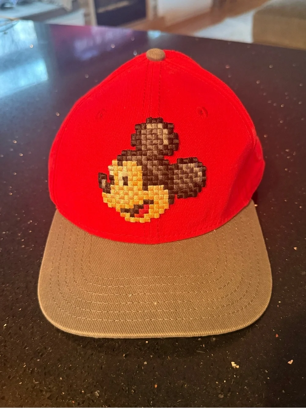 Red and Gray Baseball Hat with Pixel Mickey Patch